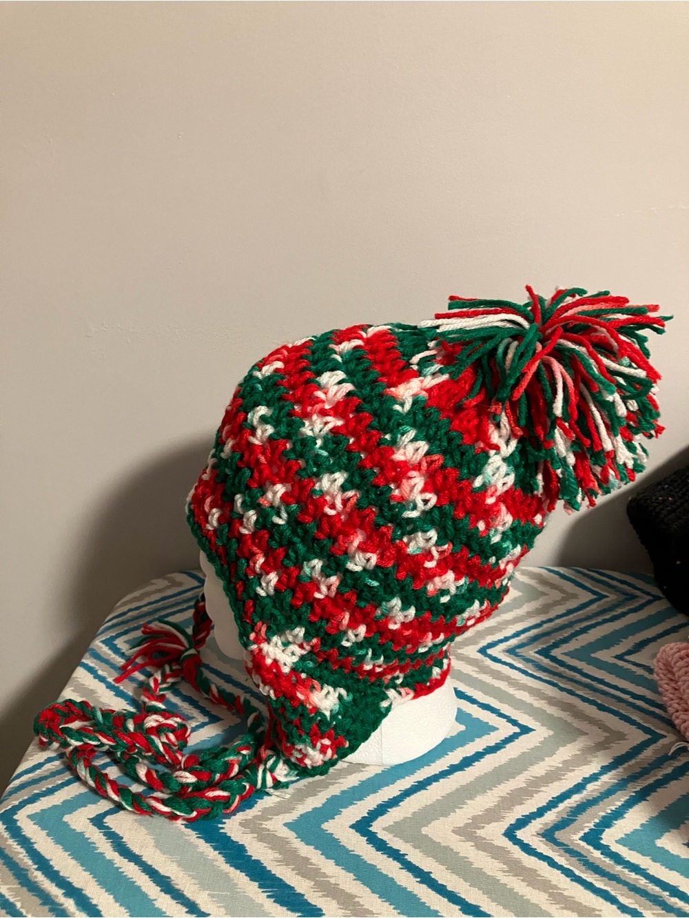 Handmade Kids And All Ages Earflap Pom Beanie - Red, Green & White